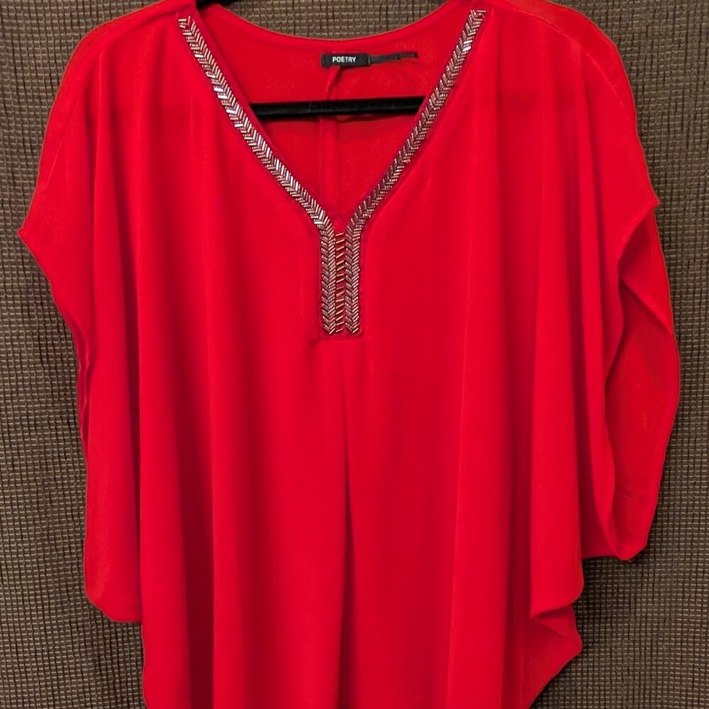 Poetry Womens Size L Short Sleeve Embellished Red Blouse